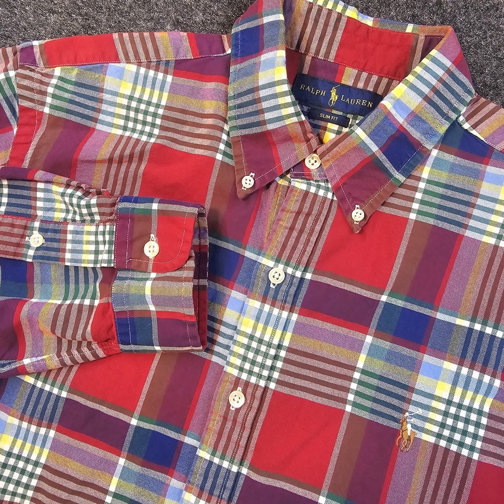 Ralph Lauren Slim Fit Madras Patchwork Plaid Button Down Shirt Mens Large Cotton
